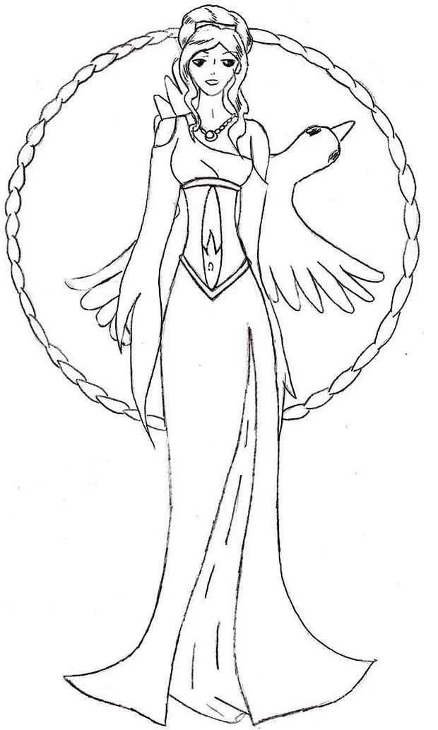 Dibujo de Afrodita de pie con un cisne en un círculo trenzado para colorear Dibujo de Afrodita de pie con un cisne en un círculo trenzado para colorear