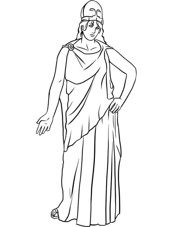 Dibujo de Atenea de pie con una túnica drapeada para colorear