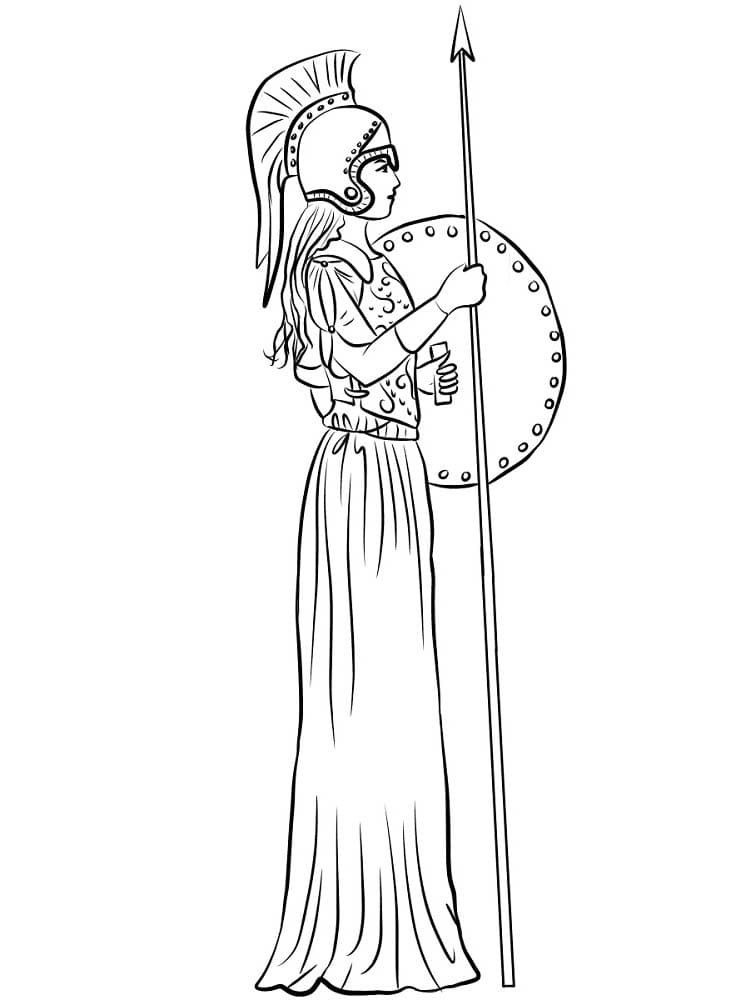Dibujo de Atenea de perfil con casco emplumado para colorear