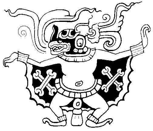 Dibujo de Dios murciélago azteca con alas de huesos cruzados para colorear