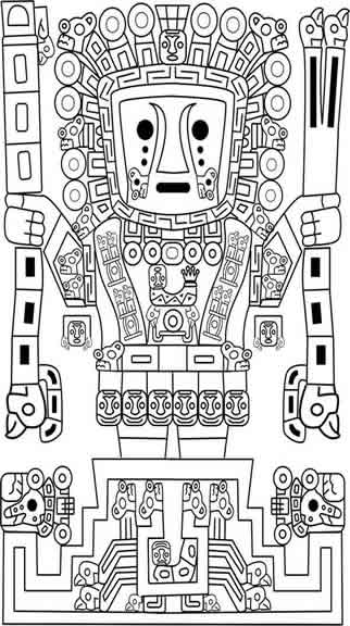 Dibujo de Figura de la Mitología Azteca con tocado elaborado para colorear Dibujo de Figura de la Mitología Azteca con tocado elaborado para colorear