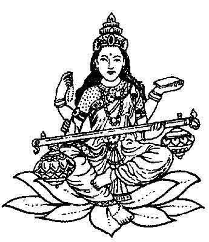 Dibujo de Diosa Saraswati sentada sobre una flor de loto para colorear