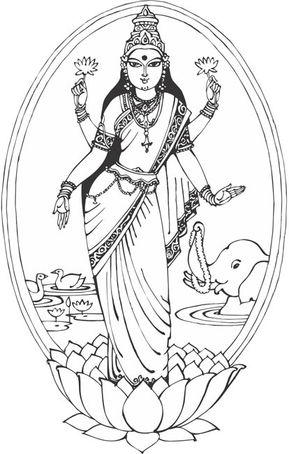 Dibujo de Lakshmi de pie sobre una flor de loto para colorear