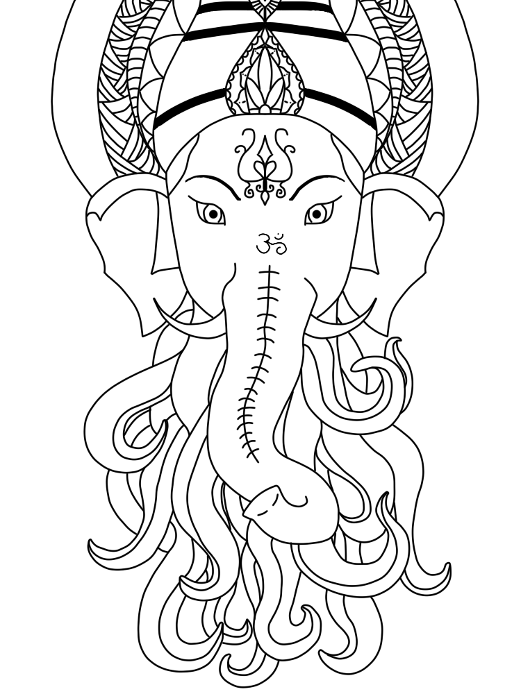 Dibujo de Ganesha con tocado ornamentado para colorear