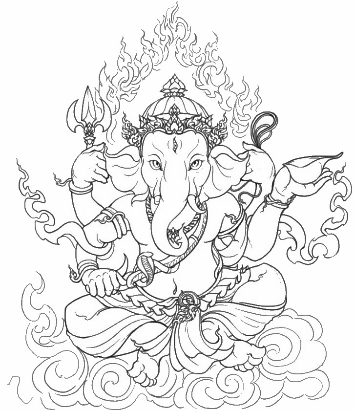 Dibujo de Ganesh sentado con aureola de llamas para colorear
