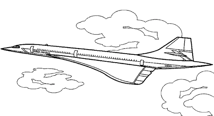 Dibujo de Avión supersónico volando entre nubes para colorear Dibujo de Avión supersónico volando entre nubes para colorear