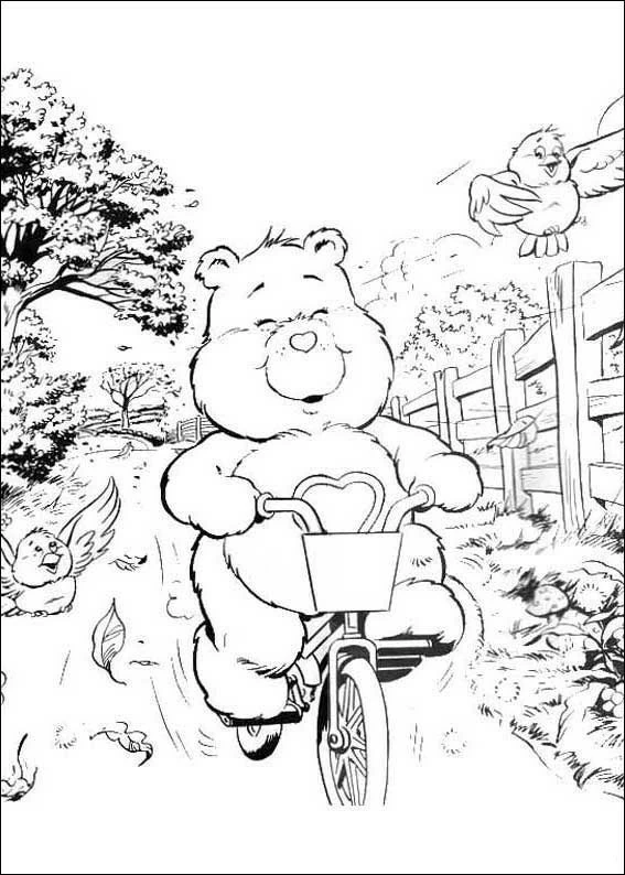 Dibujo de Osito Cariñoso en bicicleta por el campo para colorear