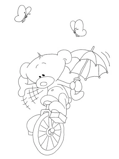 Dibujo de Osito en bicicleta montando un monociclo con sombrilla para colorear