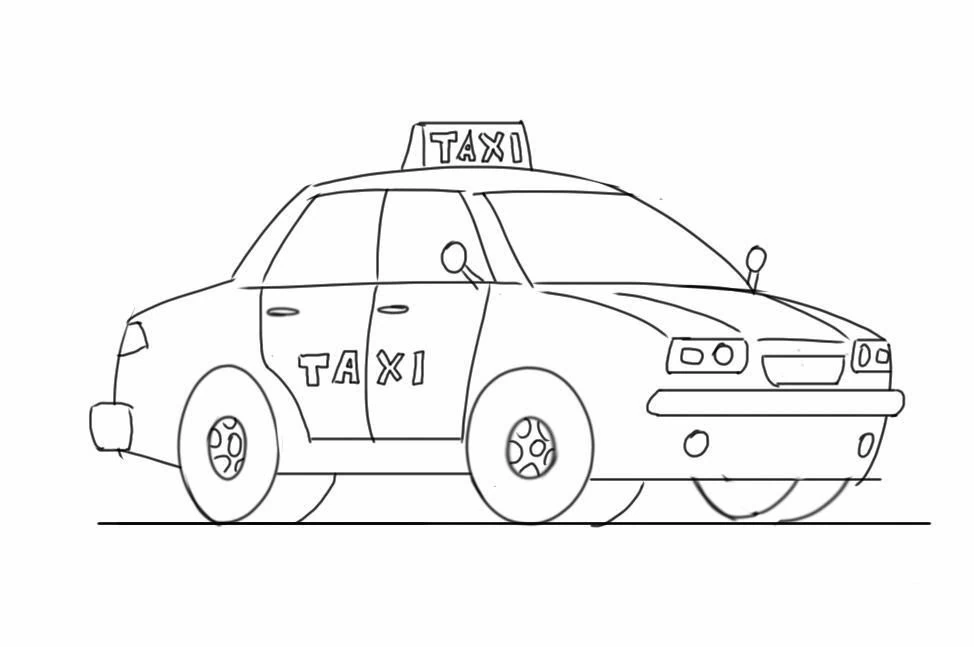 Dibujo de Taxi de perfil con letrero repetido en la puerta para colorear
