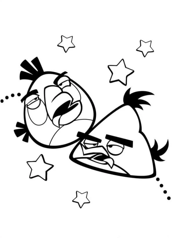 Dibujo de Angry Birds Matilda y Chuck girando entre estrellas para colorear