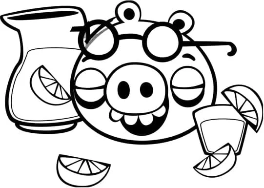 Dibujo de Angry Birds cerdo con gafas y limonada para colorear
