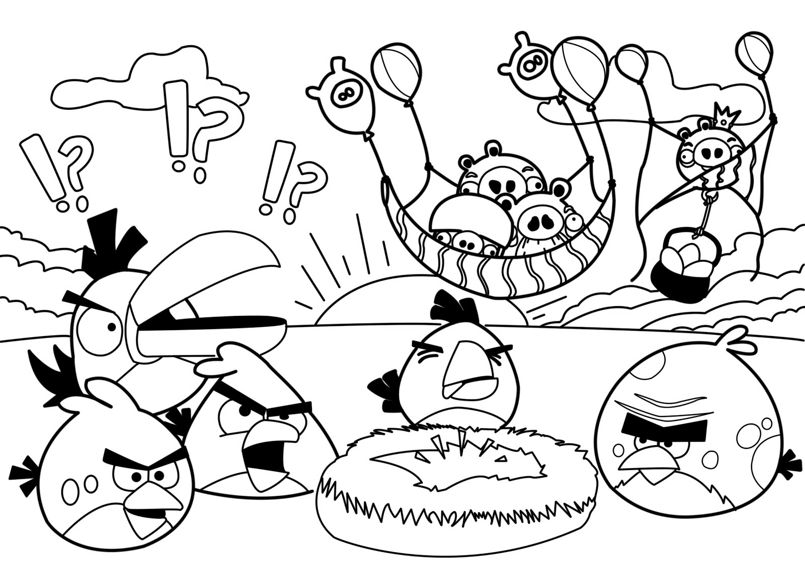 Dibujo de Angry Birds sorprendidos por la fuga en globo de los cerdos para colorear