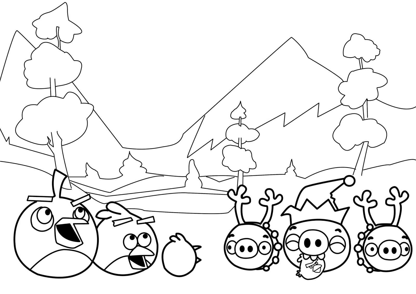 Dibujo de Angry Birds y cerditos en un paisaje de montaña para colorear
