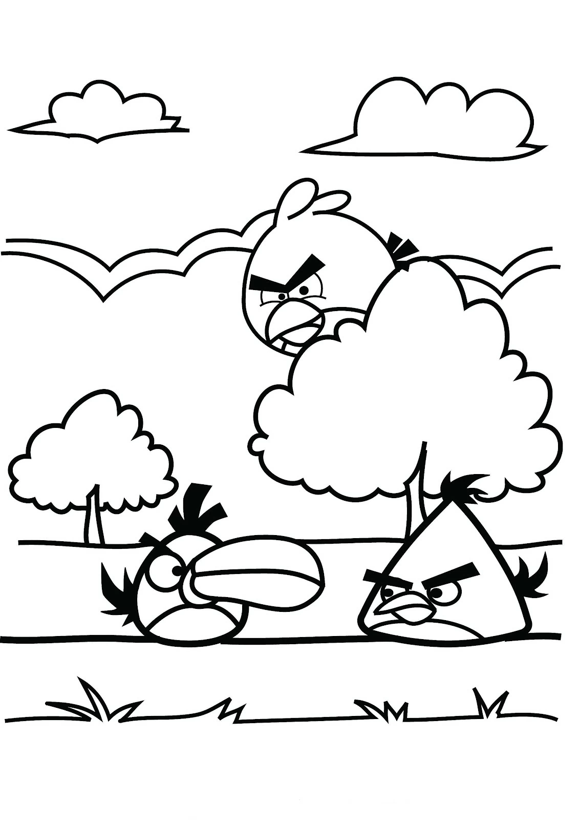 Dibujo de Angry Birds reunidos junto a los árboles para colorear Dibujo de Angry Birds reunidos junto a los árboles para colorear