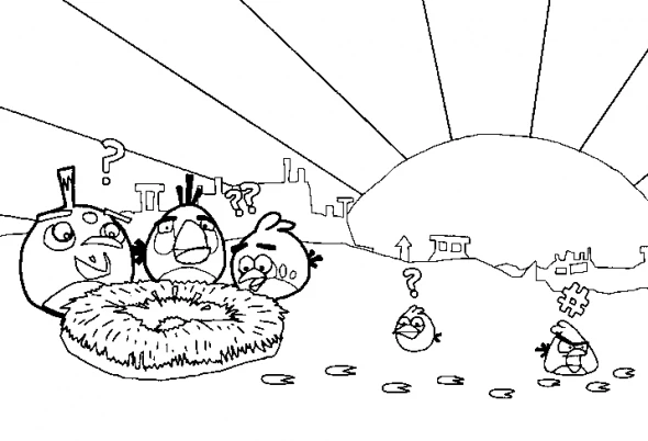Dibujo de Angry Birds alrededor de un nido vacío para colorear