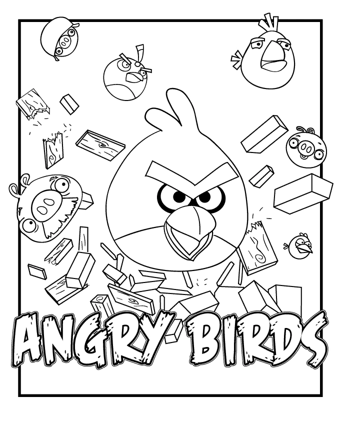 Dibujo de Angry Birds rodeados de cajas rotas para colorear