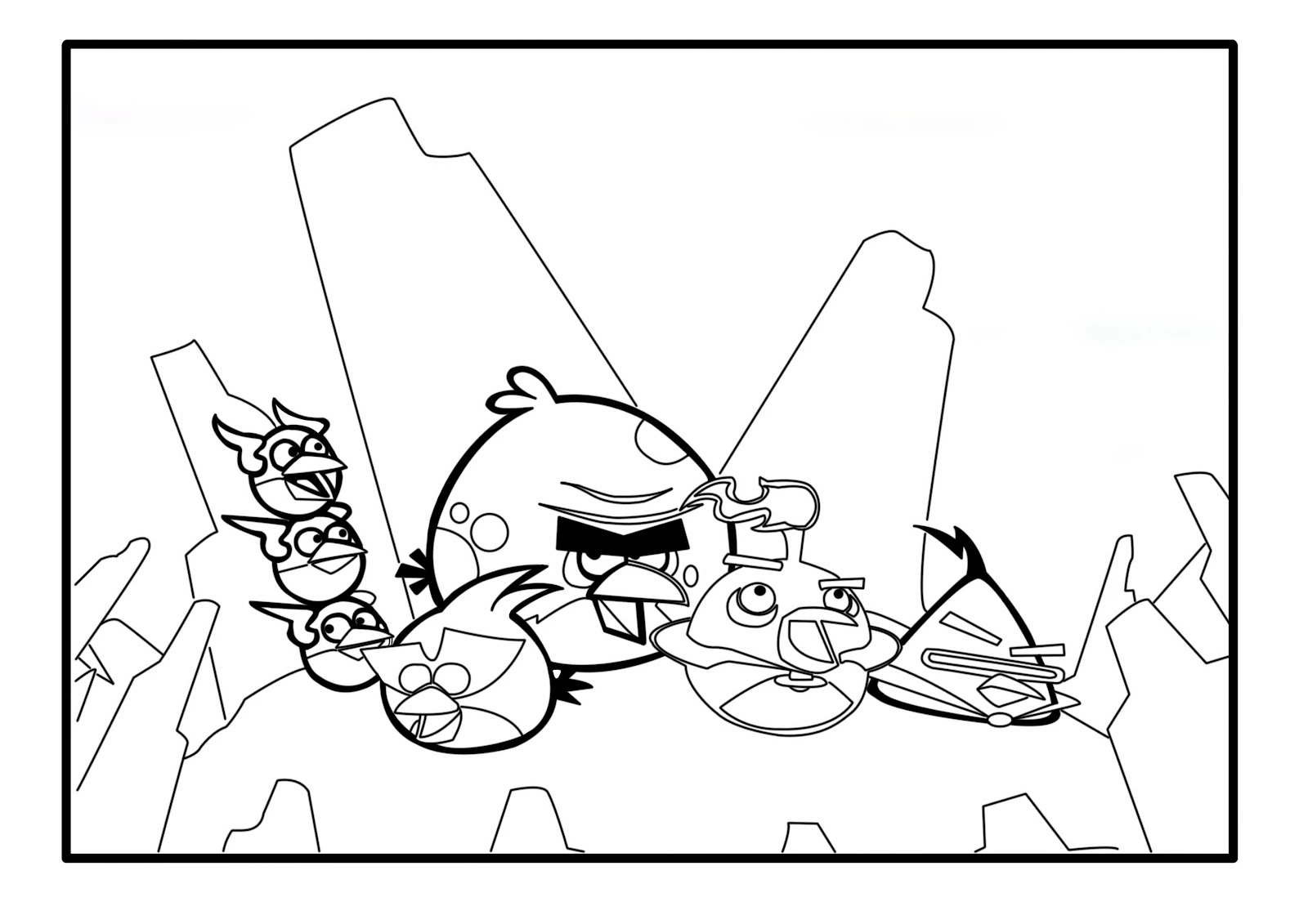 Dibujo de Angry Birds reunidos sobre rocas para colorear