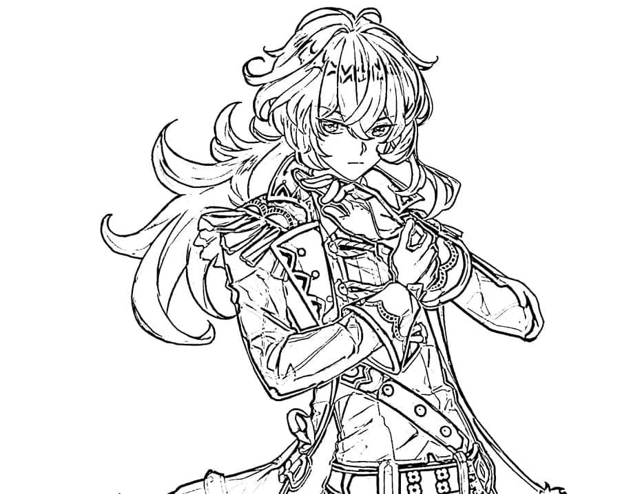 Dibujo de Diluc ajustando su abrigo ornamentado para colorear