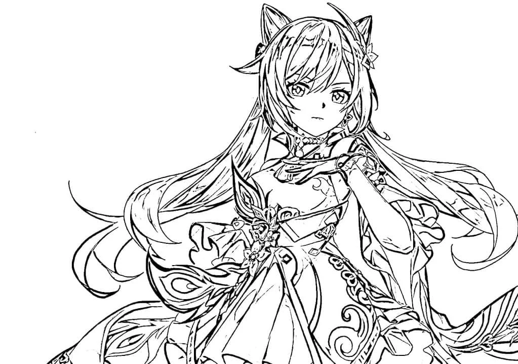 Dibujo de Keqing con un vestido elegante y detallado para colorear Dibujo de Keqing con un vestido elegante y detallado para colorear