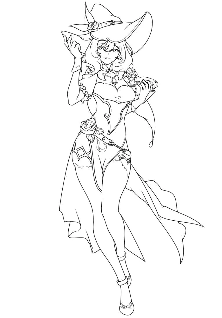 Dibujo de Lisa posando con su sombrero de bruja y una rosa para colorear Dibujo de Lisa posando con su sombrero de bruja y una rosa para colorear