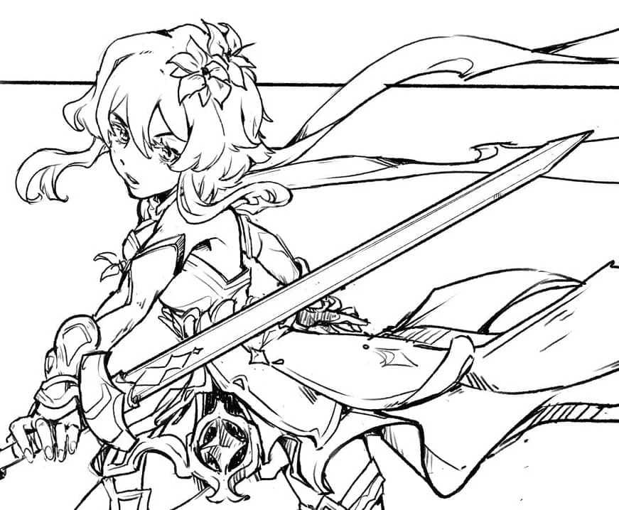 Dibujo de Lumine sosteniendo su espada en pose de combate para colorear Dibujo de Lumine sosteniendo su espada en pose de combate para colorear