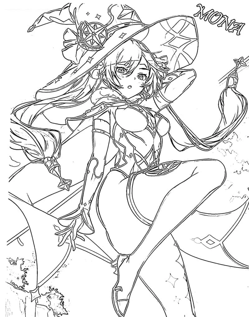 Dibujo de Mona bajo su gran sombrero de bruja para colorear Dibujo de Mona bajo su gran sombrero de bruja para colorear