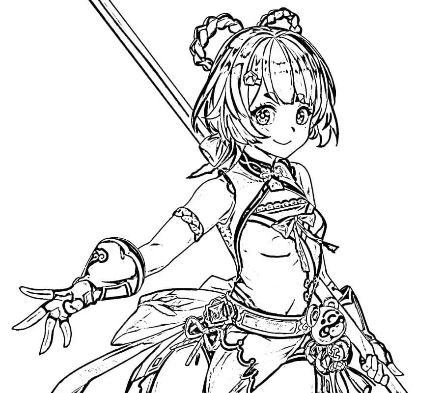 Dibujo de Xiangling lista para la batalla con su espada para colorear Dibujo de Xiangling lista para la batalla con su espada para colorear