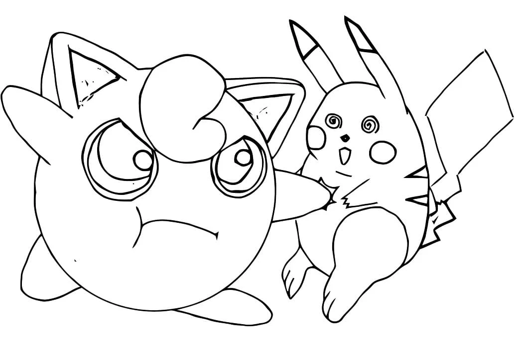 Dibujo de Jigglypuff sujetando a Pikachu mareado para colorear