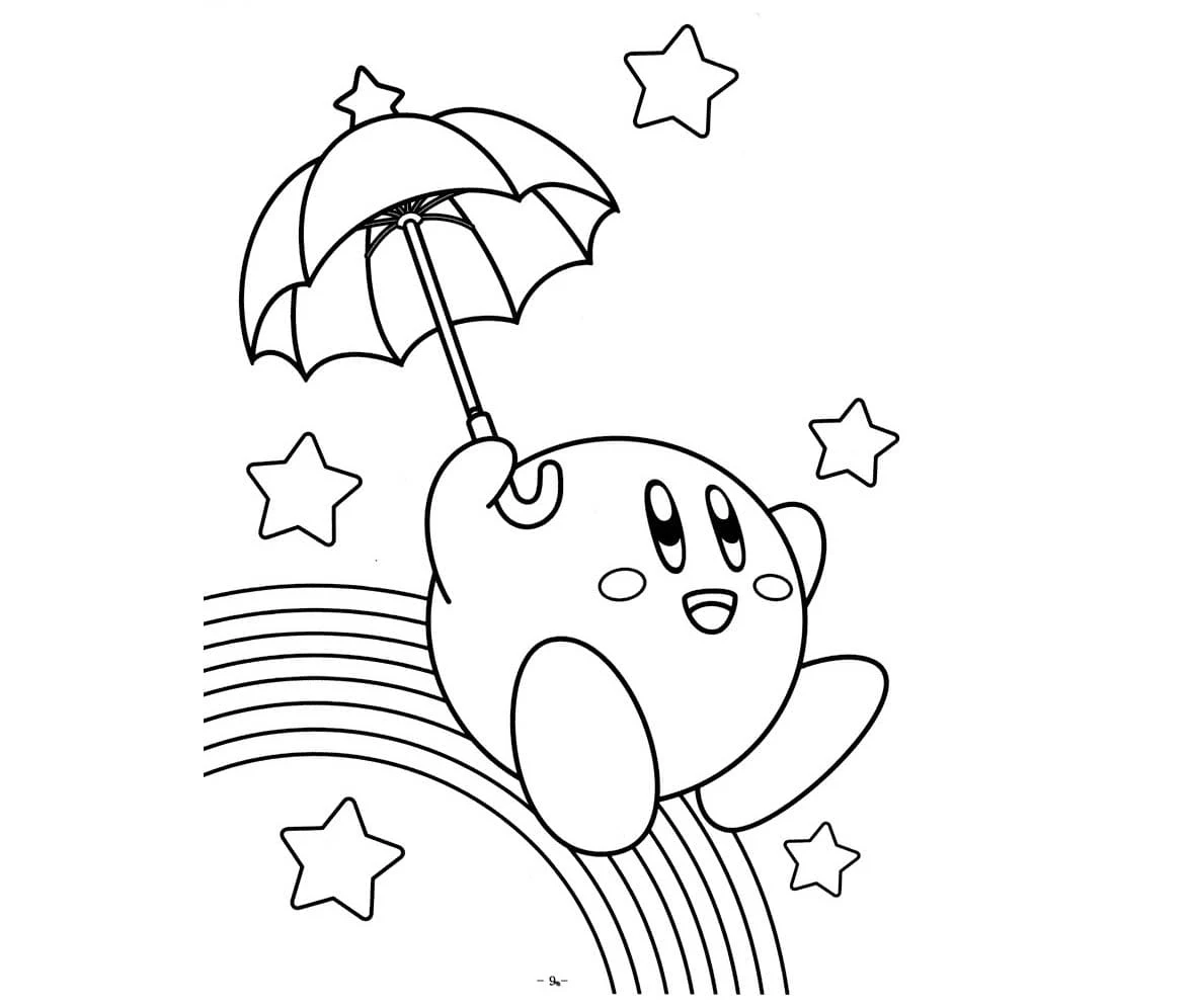 Dibujo de Kirby con paraguas sobre un arcoíris para colorear