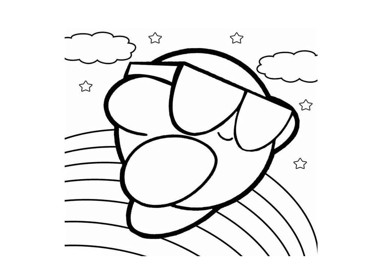 Dibujo de Kirby volando sobre un arcoíris para colorear