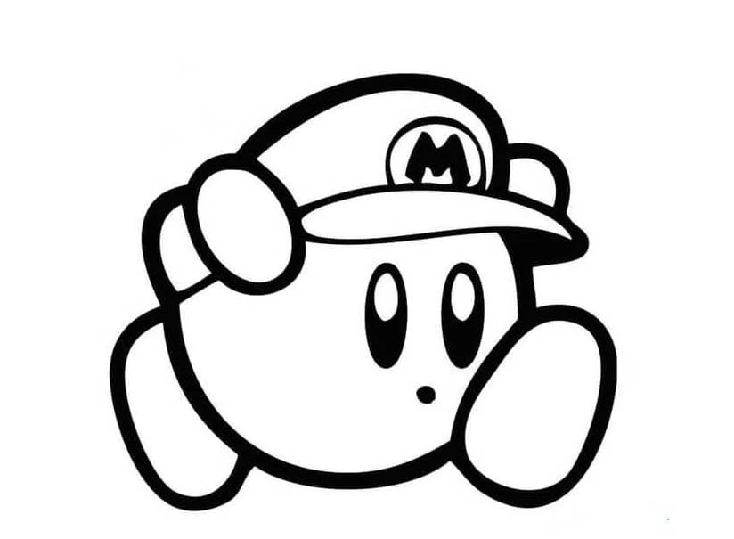 Dibujo de Kirby con la gorra de Mario para colorear