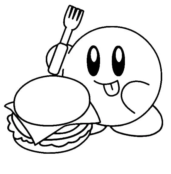 Dibujo de Kirby con una hamburguesa y un tenedor para colorear Dibujo de Kirby con una hamburguesa y un tenedor para colorear