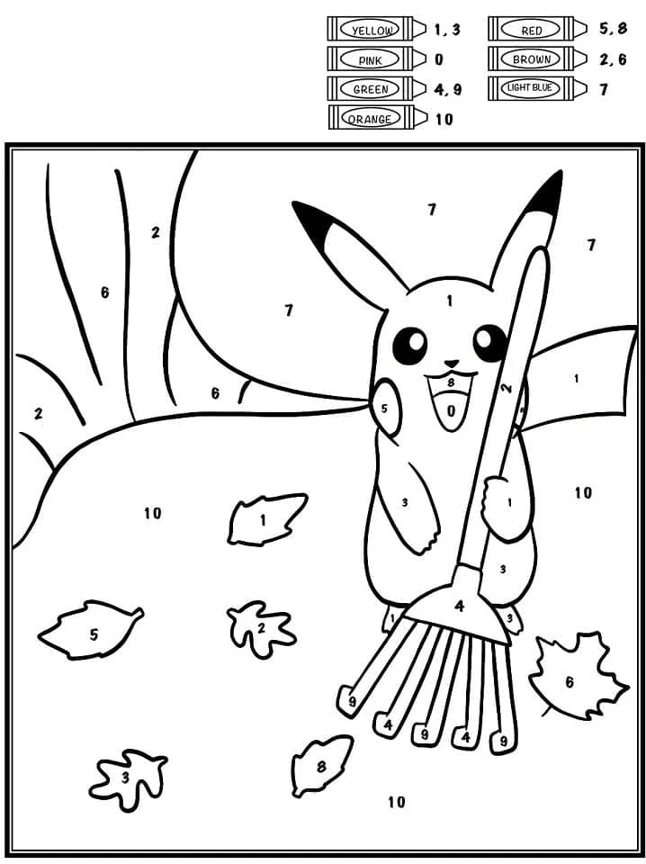 Dibujo de Pikachu rastrillando hojas de otoño para colorear Dibujo de Pikachu rastrillando hojas de otoño para colorear