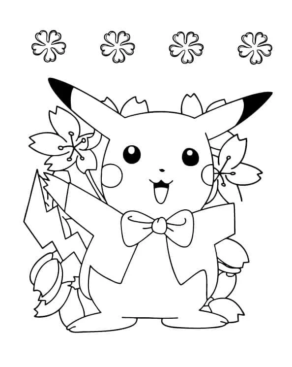 Dibujo de Pikachu con flores y un lazo para colorear Dibujo de Pikachu con flores y un lazo para colorear