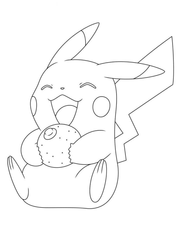 Dibujo de Pikachu muy feliz comiendo una baya para colorear Dibujo de Pikachu muy feliz comiendo una baya para colorear