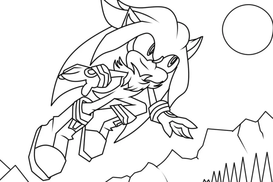Dibujo de Sonic de plata volando sobre montañas para colorear