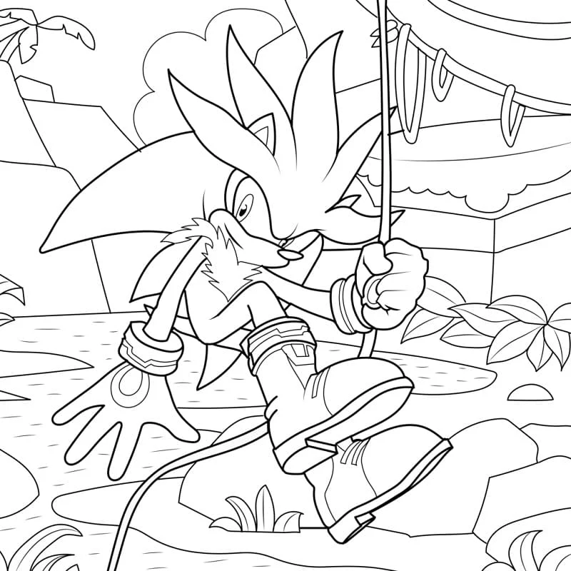 Dibujo de Sonic de plata feliz en un paisaje tropical para colorear Dibujo de Sonic de plata feliz en un paisaje tropical para colorear