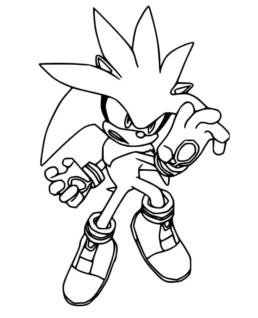 Dibujo de Sonic de plata en pose de acción para colorear Dibujo de Sonic de plata en pose de acción para colorear