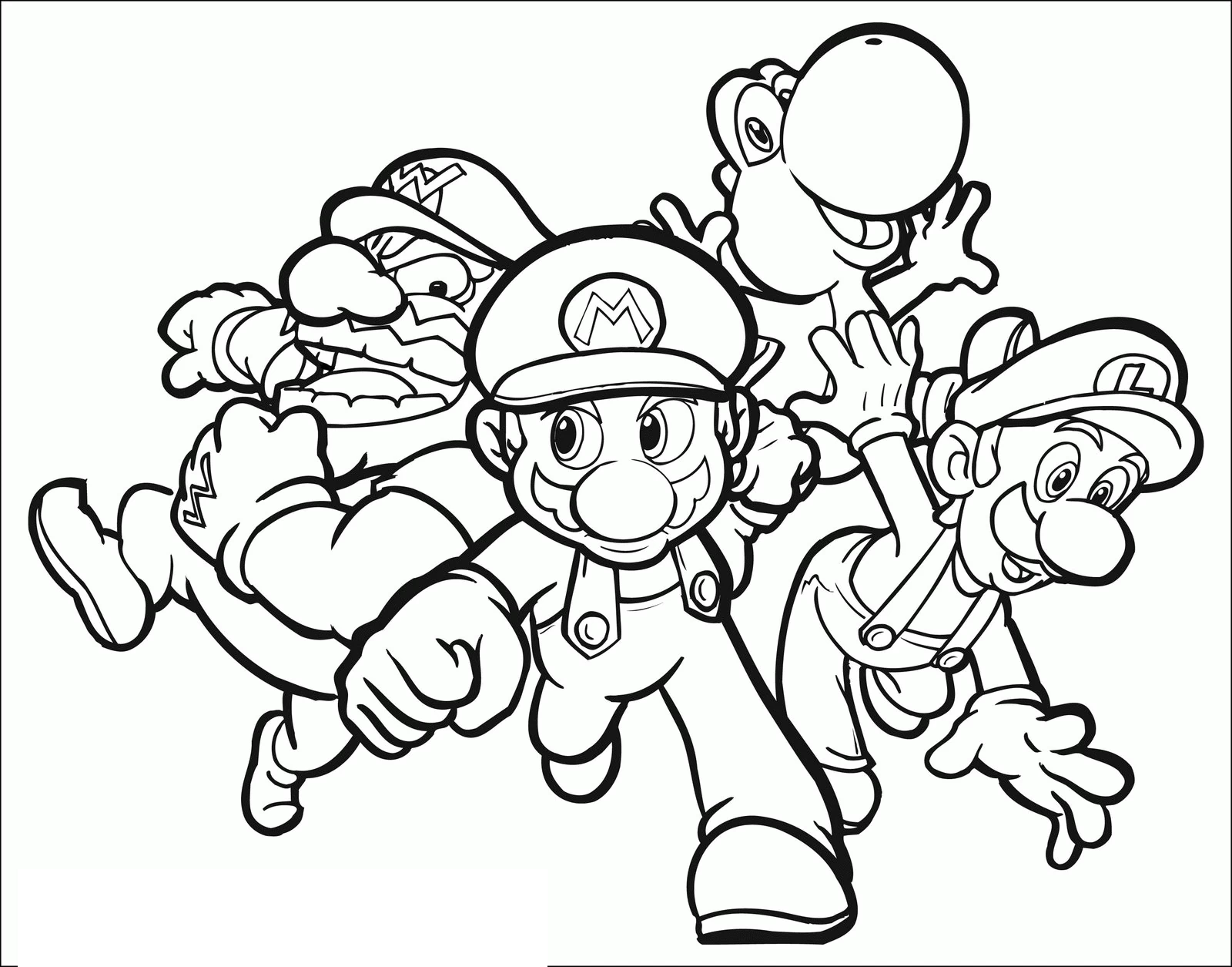 Dibujo de Mario, Wario, Luigi y Yoshi corriendo juntos para colorear
