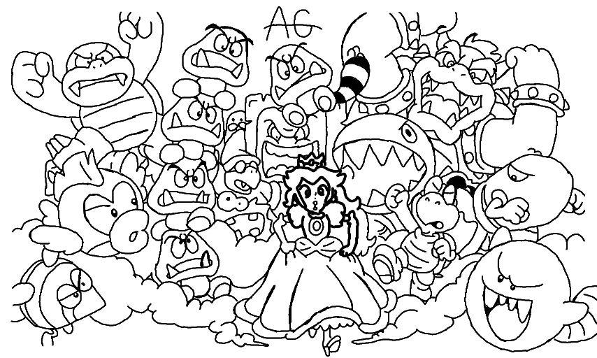 Dibujo de Princesa Peach rodeada de enemigos de Mario para colorear