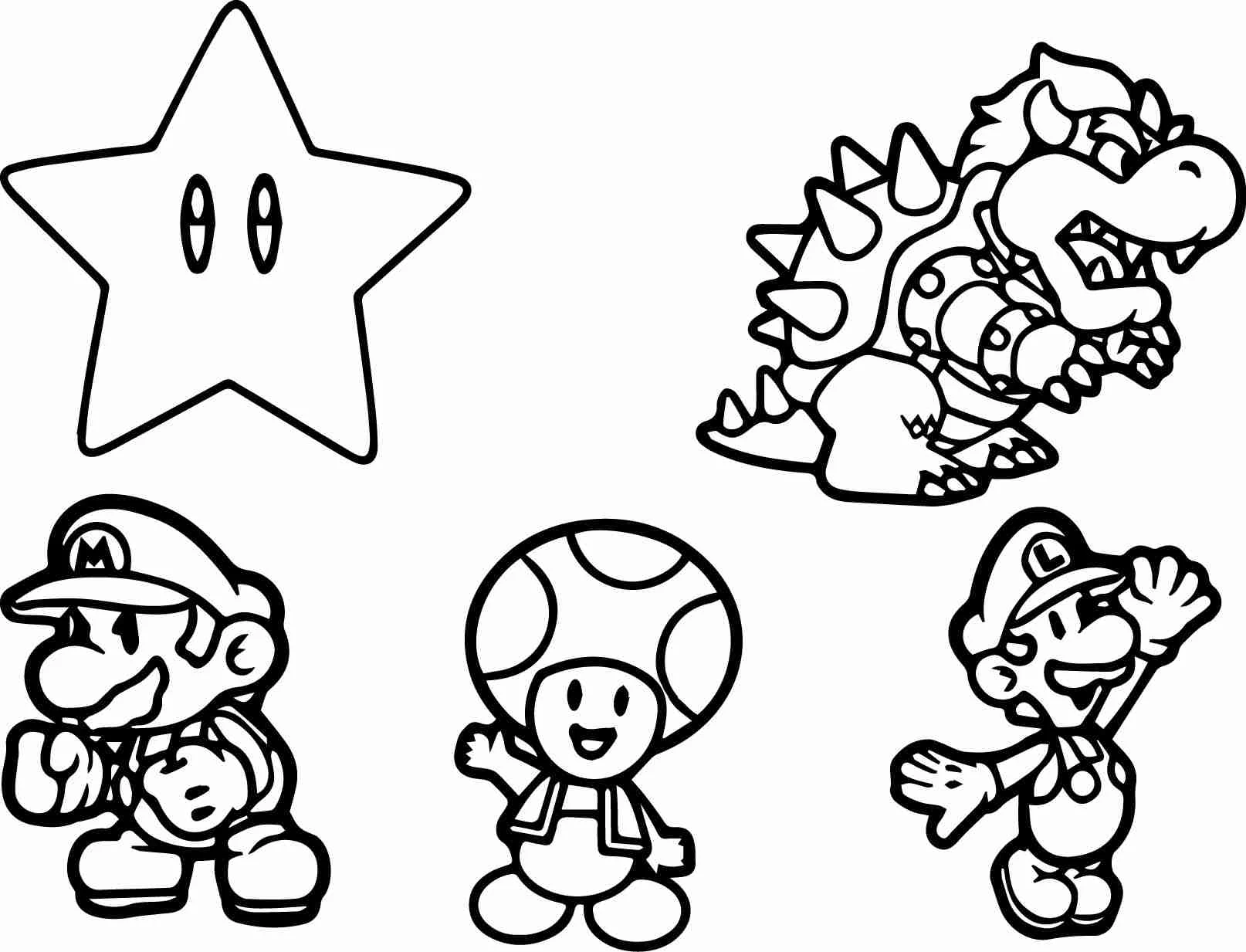Dibujo de Sapo con Mario, Luigi, Bowser y una estrella para colorear Dibujo de Sapo con Mario, Luigi, Bowser y una estrella para colorear