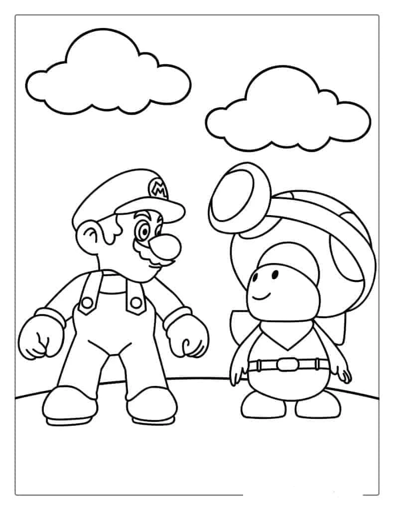 Dibujo de Toad de pie junto a Mario bajo las nubes para colorear