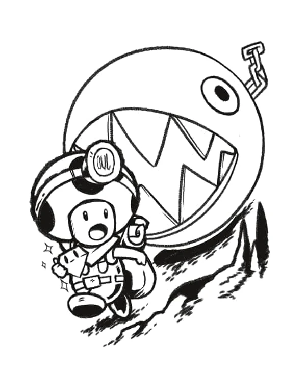 Dibujo de Toad huyendo de un Chain Chomp para colorear Dibujo de Toad huyendo de un Chain Chomp para colorear