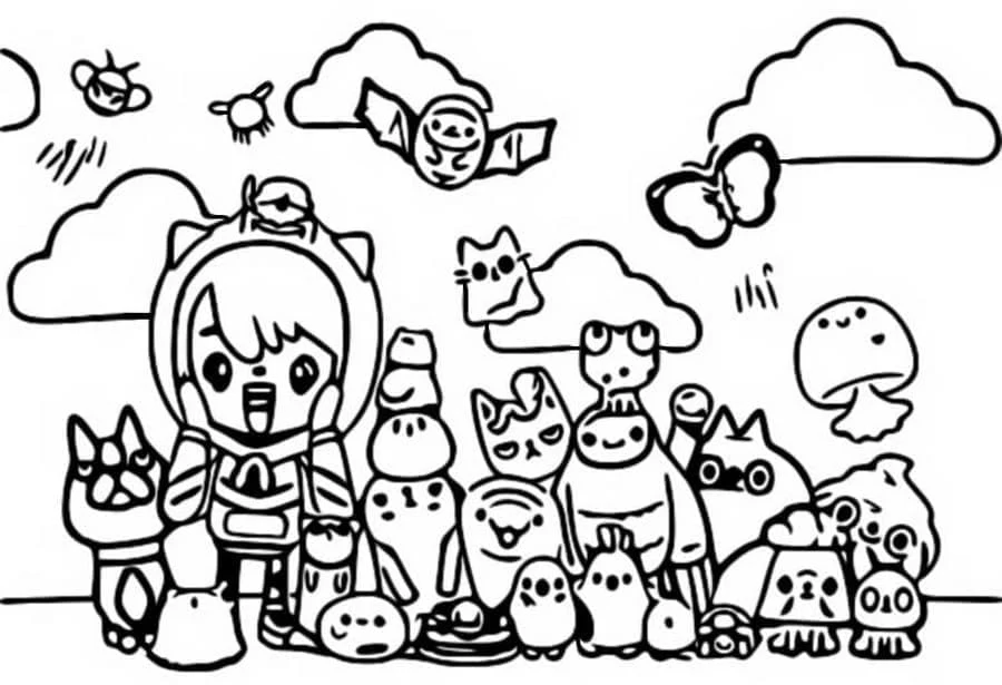 Dibujo de Toca Boca personaje rodeado de animales adorables para colorear Dibujo de Toca Boca personaje rodeado de animales adorables para colorear