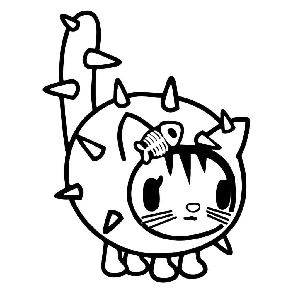 Dibujo de Gato con púas y una espina de pescado para colorear Dibujo de Gato con púas y una espina de pescado para colorear