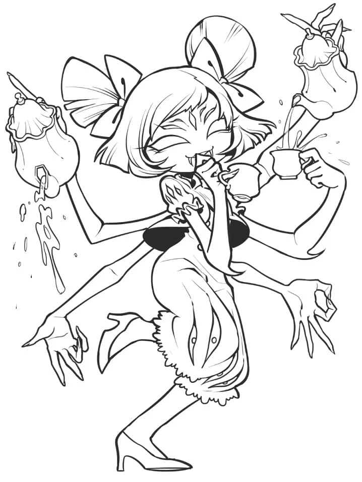 Dibujo de Muffet sirviendo té con sus múltiples brazos para colorear