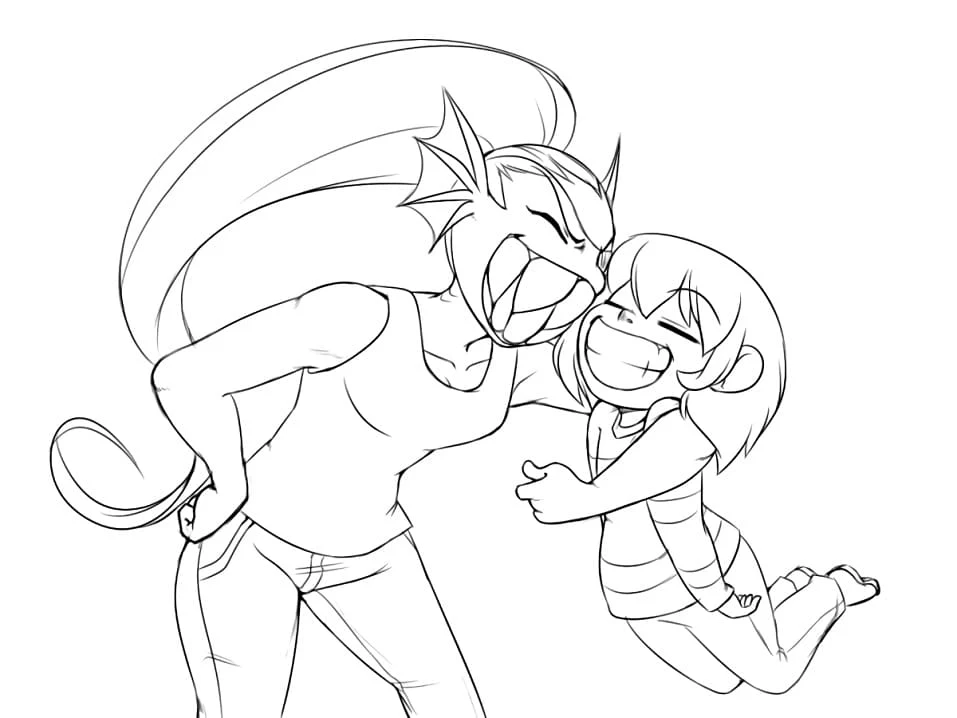 Dibujo de Undyne cargando a una niña que ríe para colorear