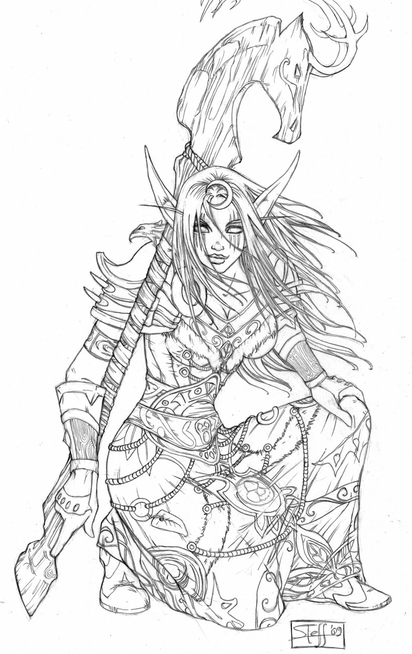 Dibujo de World of Warcraft cazadora elfa con báculo para colorear
