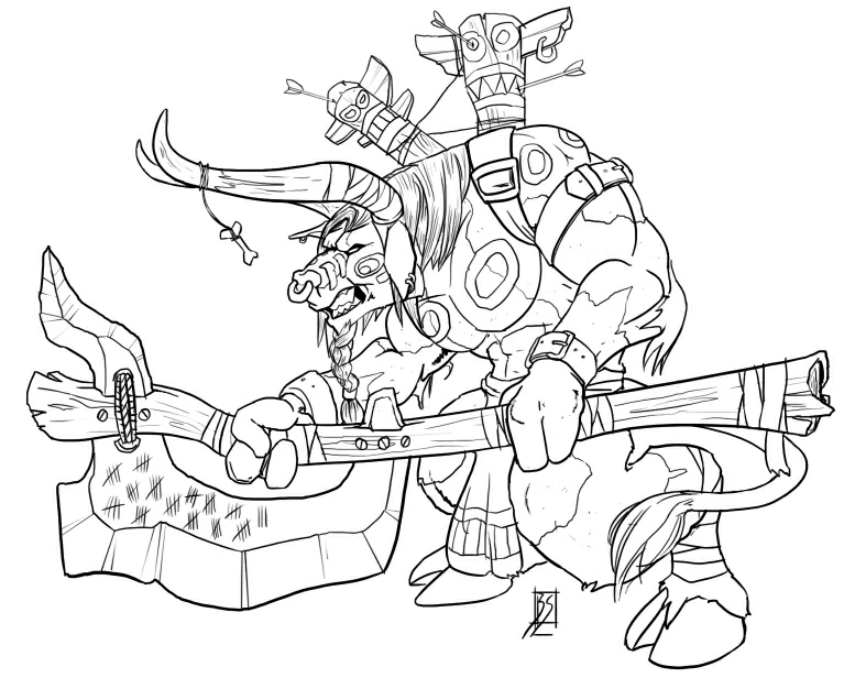 Dibujo de Tauren guerrero empuñando un arma tótem enorme para colorear Dibujo de Tauren guerrero empuñando un arma tótem enorme para colorear