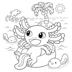 Dibujo de Ajolote flotando en el mar con un delfín para colorear